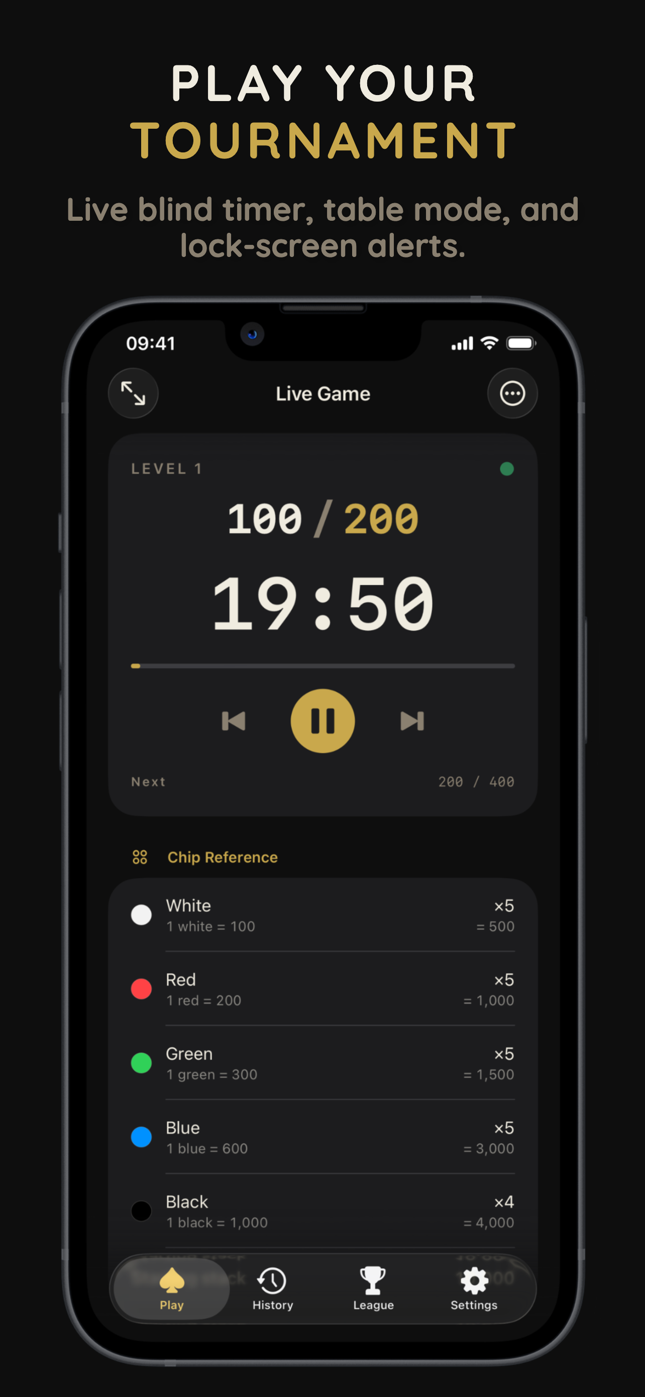 The Flop live game screen with blind timer and chip reference