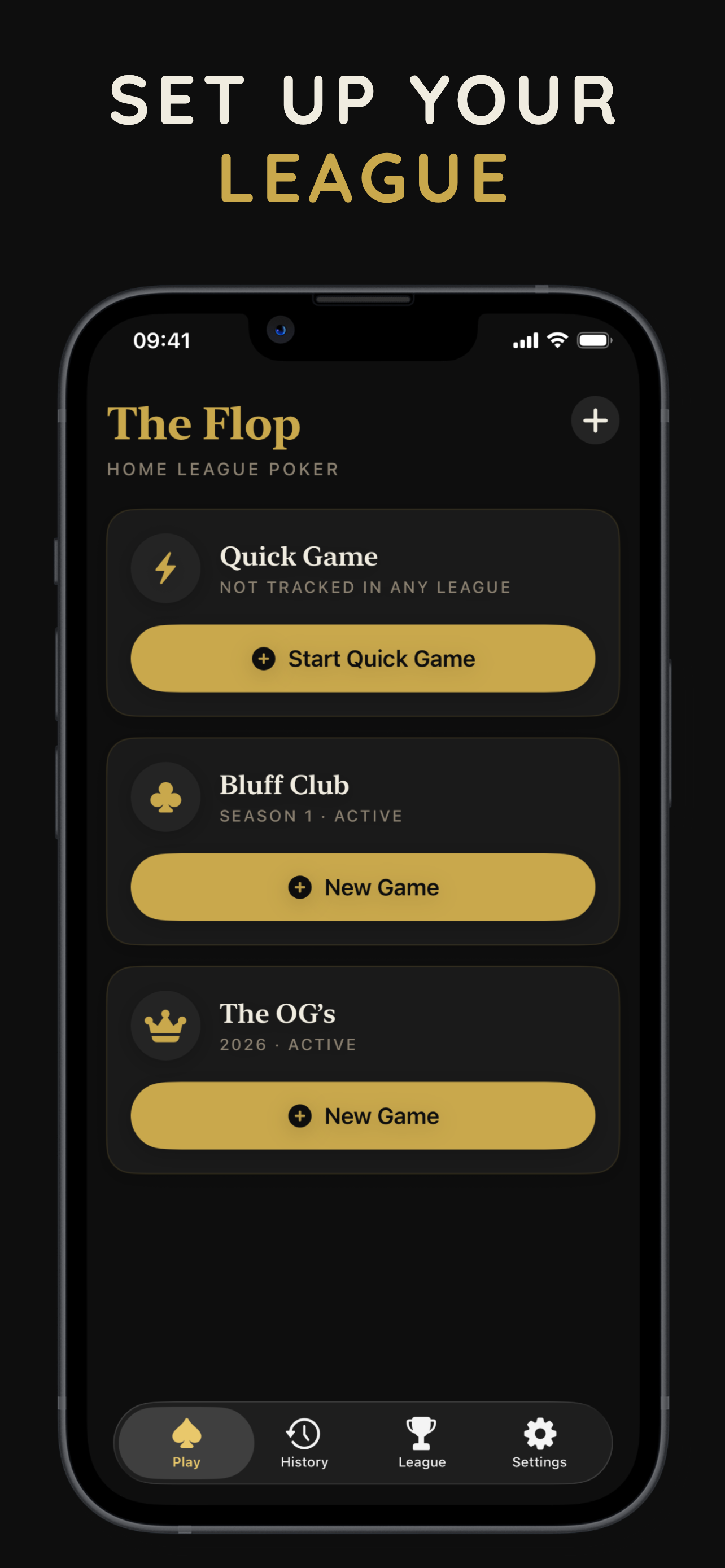 The Flop set-up screen showing two home poker leagues