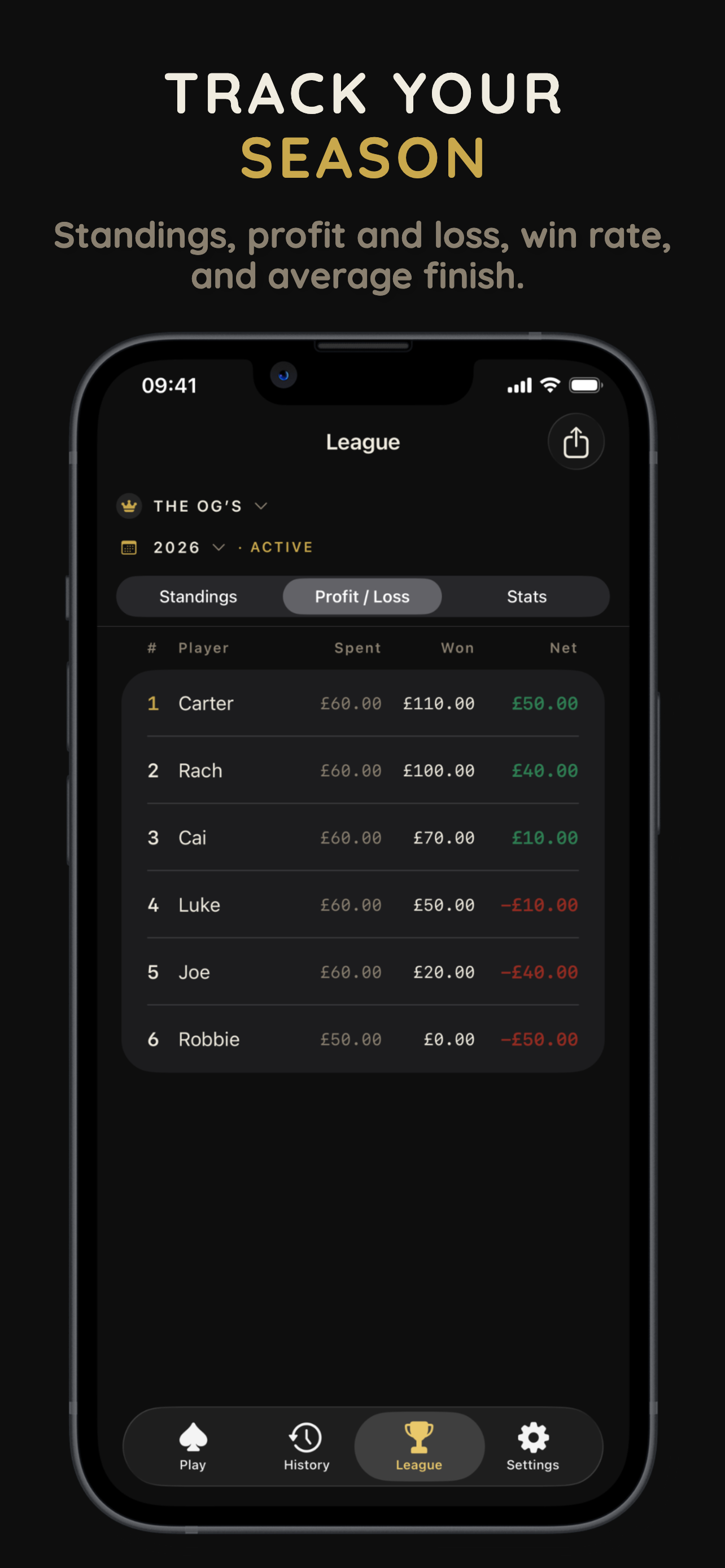 The Flop league screen showing season standings